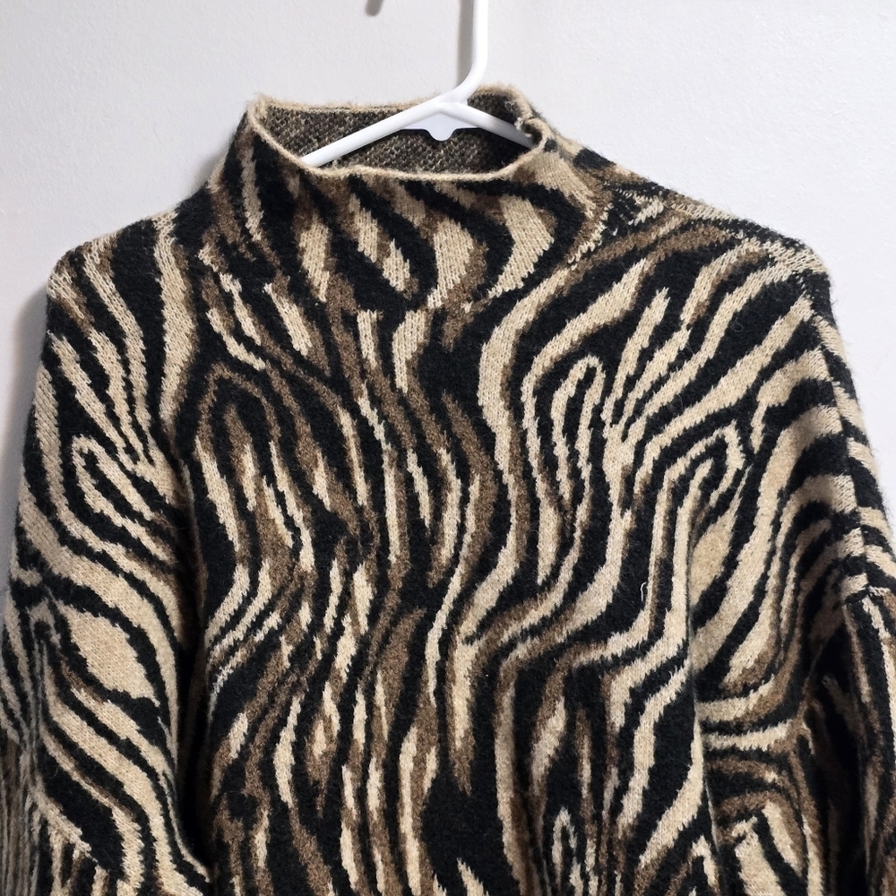 Zara Zebra Print Funnel Neck Knit Blend  Sweater - Picture 2 of 7